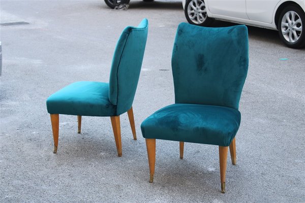 Italian Petrol Green Velvet Lounge Chairs, 1950s, Set of 2-EH-691780