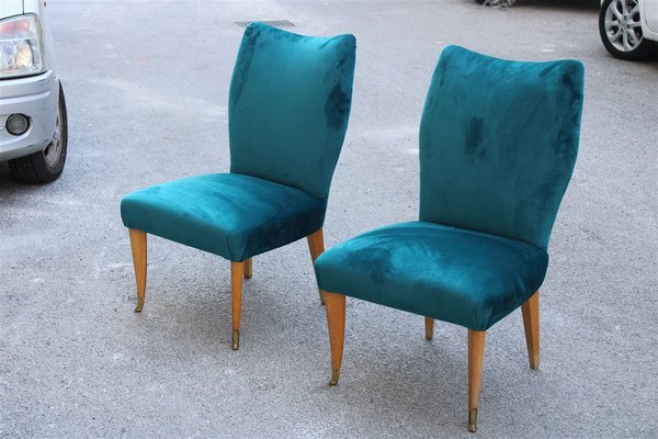 Italian Petrol Green Velvet Lounge Chairs, 1950s, Set of 2-EH-691780