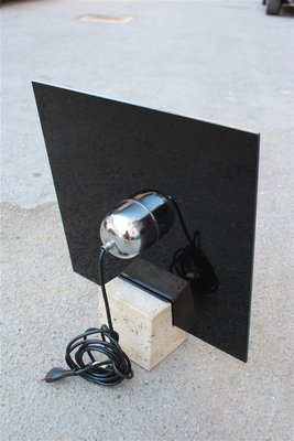 Italian Pop Art Black Acrylic Glass & Steel Curved Base Cube Table Lamp in Travertine Marble from New Lamp Italy, 1970s-EH-696878