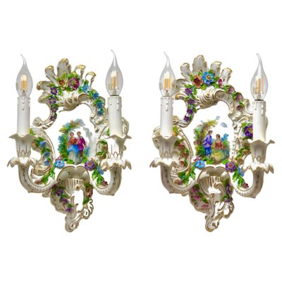 Italian Porcelain Sconces with Floral Decoration, 1950, Set of 2-MJY-1754992