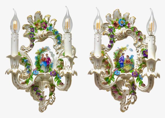 Italian Porcelain Sconces with Floral Decoration, 1950, Set of 2-MJY-1754992