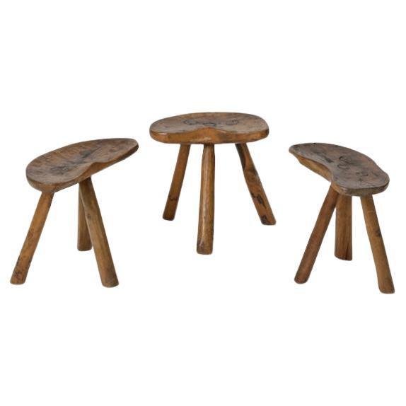 Italian Primitive Wooden Stools, 1950s, Set of 3