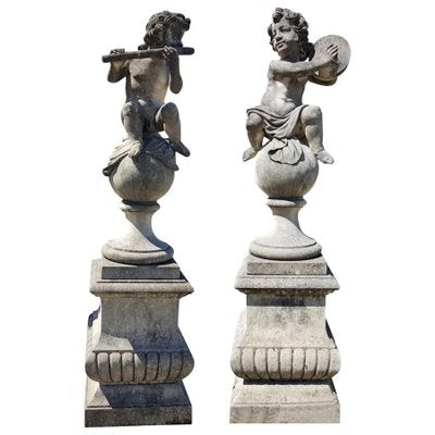 Italian Putto Stone Garden Statues Representing Musicians, Set of 2-MBH-1031890