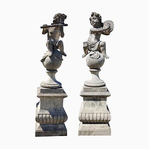 Italian Putto Stone Garden Statues Representing Musicians, Set of 2-MBH-1031890