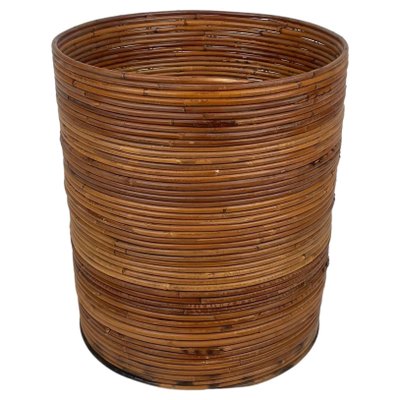 Italian Rattan and Bamboo Round Basket Plant Holder Vase, 1960s-LYQ-1272839