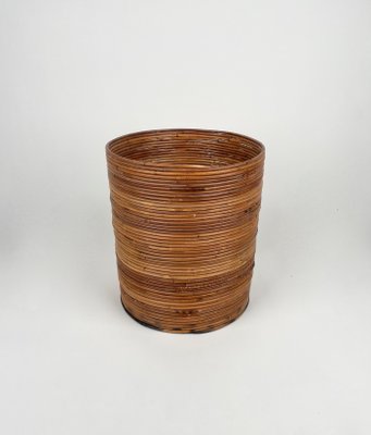 Italian Rattan and Bamboo Round Basket Plant Holder Vase, 1960s-LYQ-1272839