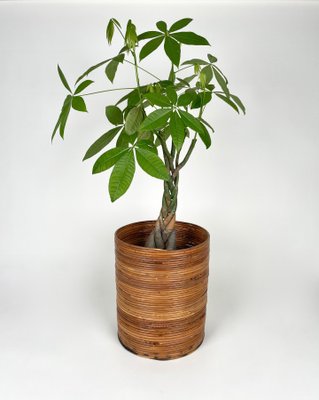 Italian Rattan and Bamboo Round Basket Plant Holder Vase, 1960s-LYQ-1272839