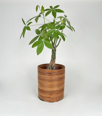 Italian Rattan and Bamboo Round Basket Plant Holder Vase, 1960s-LYQ-1272839