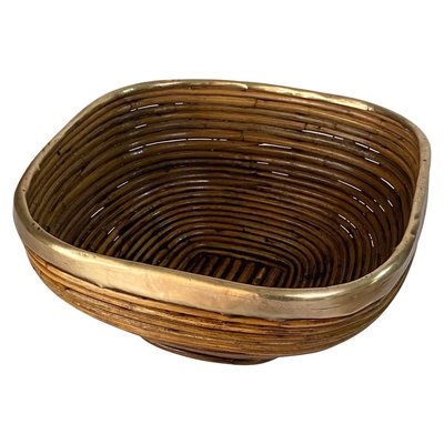 Italian Rattan and Brass Basket Bowl Centerpiece, 1970s-UR-1741864