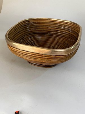 Italian Rattan and Brass Basket Bowl Centerpiece, 1970s-UR-1741864