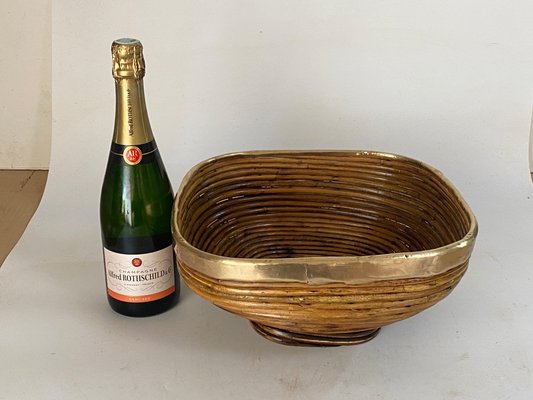 Italian Rattan and Brass Basket Bowl Centerpiece, 1970s-UR-1741864