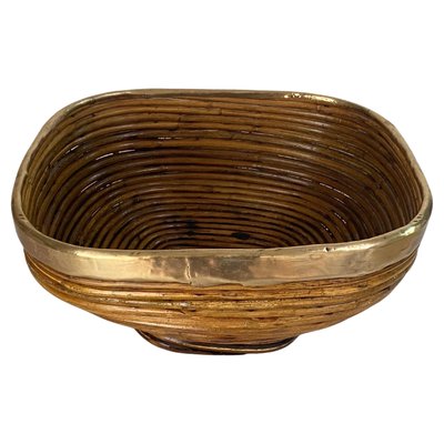 Italian Rattan and Brass Basket Bowl Centerpiece, 1970s-UR-1741864