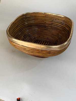 Italian Rattan and Brass Basket Bowl Centerpiece, 1970s-UR-1741864