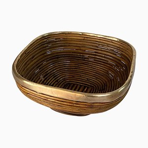 Italian Rattan and Brass Basket Bowl Centerpiece, 1970s-UR-1741864