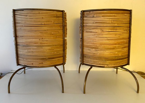 Italian Rattan and Gilt Metal Table Lamps, 2000s, Set of 2-FUE-2018071