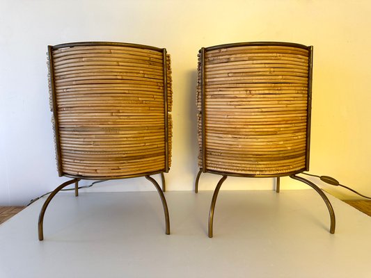 Italian Rattan and Gilt Metal Table Lamps, 2000s, Set of 2-FUE-2018071