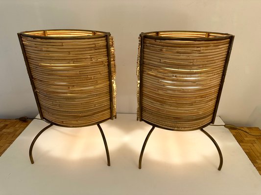 Italian Rattan and Gilt Metal Table Lamps, 2000s, Set of 2-FUE-2018071