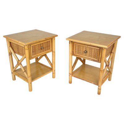 Italian Rattan Bedside Tables in Bamboo and Wood, 1980s-LYQ-1177978