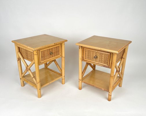 Italian Rattan Bedside Tables in Bamboo and Wood, 1980s-LYQ-1177978