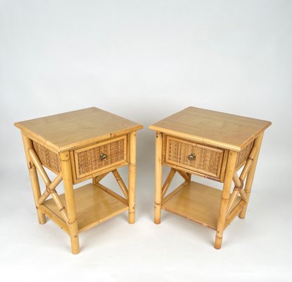 Italian Rattan Bedside Tables in Bamboo and Wood, 1980s-LYQ-1177978