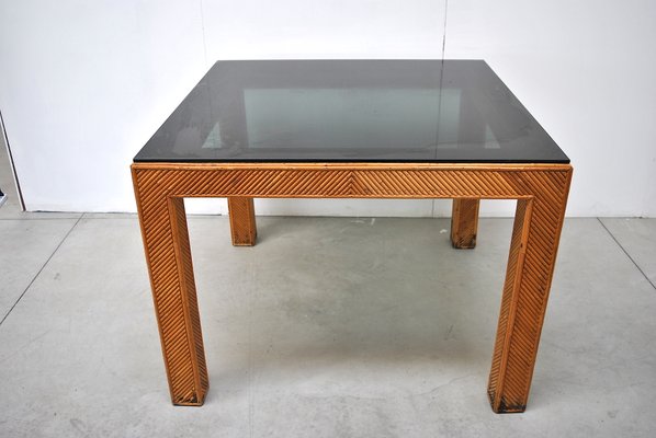 Italian Rattan & Smoked Glass Table, 1970s-JQO-906302