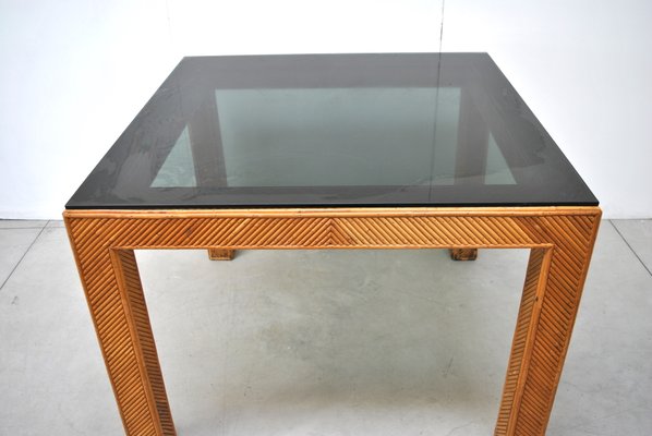 Italian Rattan & Smoked Glass Table, 1970s-JQO-906302