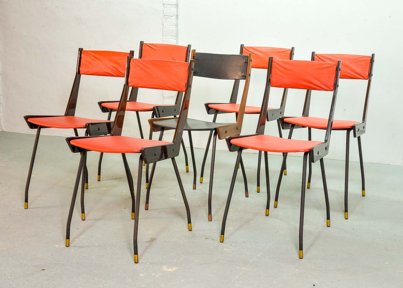 Italian Red Leatherette Dining Chairs by Gianfranco Frattini for R&B, 1950s, Set of 6