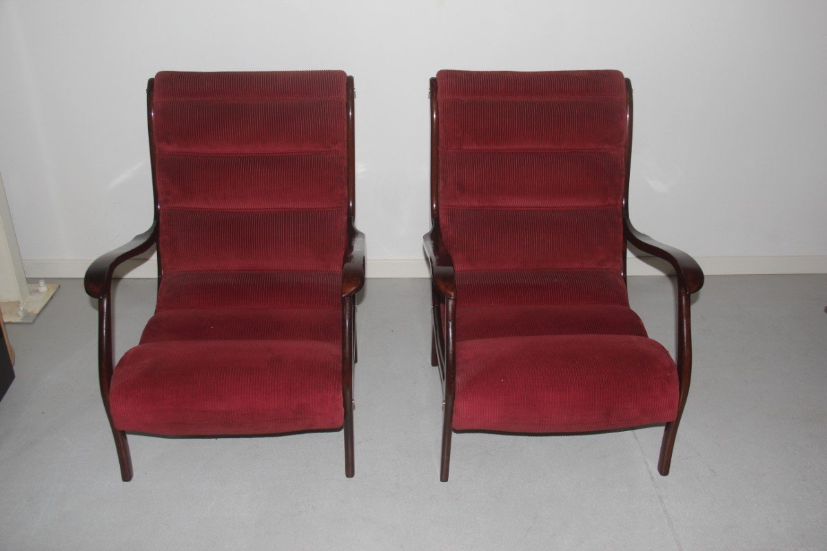 Italian Red Velvet and Walnut Lounge Chairs from Arredamenti Corallo, 1950s, Set of 2