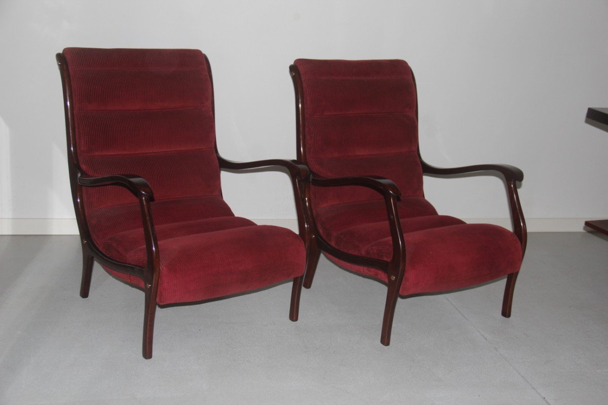 Italian Red Velvet and Walnut Lounge Chairs from Arredamenti Corallo, 1950s, Set of 2