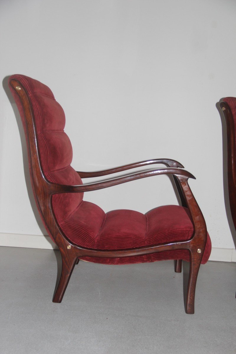 Italian Red Velvet and Walnut Lounge Chairs from Arredamenti Corallo, 1950s, Set of 2