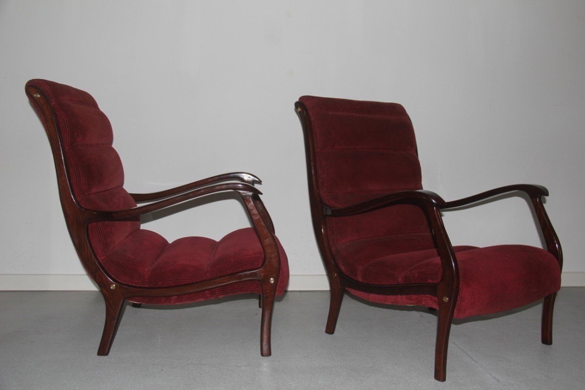 Italian Red Velvet and Walnut Lounge Chairs from Arredamenti Corallo, 1950s, Set of 2