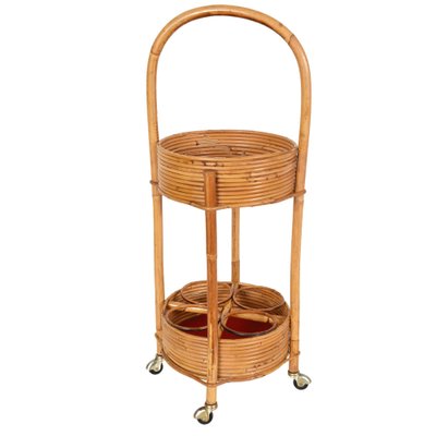 Italian Red Velvet, Bamboo & Rattan Bar Trolley, 1960s-JDR-1125969