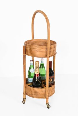 Italian Red Velvet, Bamboo & Rattan Bar Trolley, 1960s-JDR-1125969