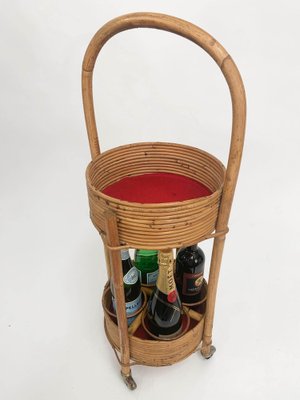 Italian Red Velvet, Bamboo & Rattan Bar Trolley, 1960s-JDR-1125969