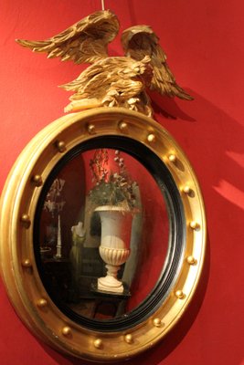 Italian Regency Round Giltwood and Ebonized Convex Mirror with Carved Eagle-AXE-1433392