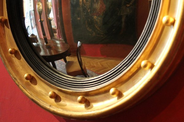 Italian Regency Round Giltwood and Ebonized Convex Mirror with Carved Eagle-AXE-1433392