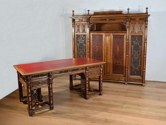 Italian Renaissance Walnut Work Cabinet and Desk, 1900, Set of 2-RVK-2020023