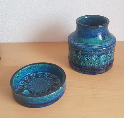 Italian Rimini Blue Vase and Ashtray from Bitossi, 1960s, Set of 2-QDP-1298662