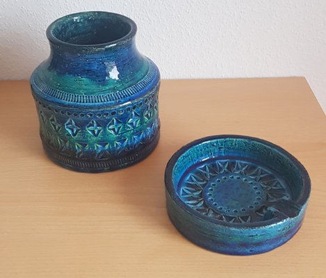 Italian Rimini Blue Vase and Ashtray from Bitossi, 1960s, Set of 2-QDP-1298662