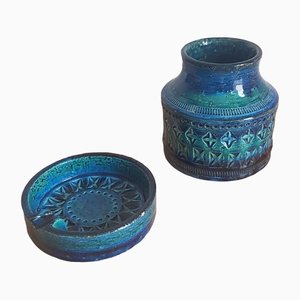 Italian Rimini Blue Vase and Ashtray from Bitossi, 1960s, Set of 2-QDP-1298662