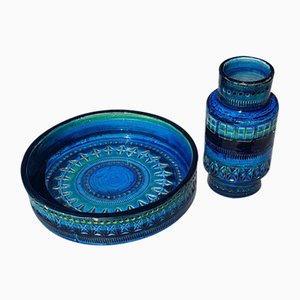 Italian Rimini Blue Vase and Bowl from Bitossi, 1960s, Set of 2-QDP-910453