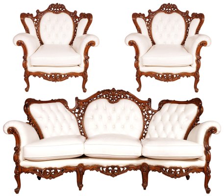 Italian Rococo Hand Carved Walnut and Leather Sofa and Armchairs Set from Atelier Cadorin, 1930s, Set of 3-NJV-709363