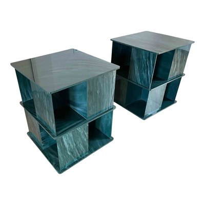 Italian Rotating Green Marble & Acrylic Glass Nightstands, 1970s, Set of 2-RPH-889133