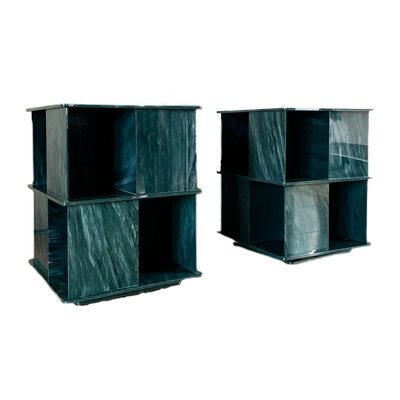 Italian Rotating Green Marble & Acrylic Glass Nightstands, 1970s, Set of 2-RPH-889133