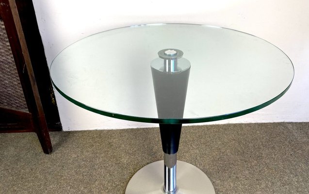 Italian Round Coffee Table with Tapered Leg & Glass Top, 1980s-WZZ-776205