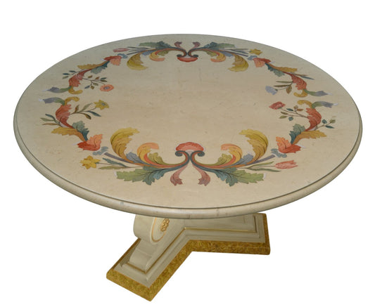 Italian Round Cream Table with Inlaid Marble Top and Wooden Base by Cupioli