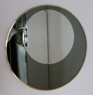 Italian Round Wall Mirror with Double Glass in Olive Green and Brass Frame, 1970s-VNE-966081