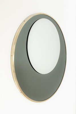 Italian Round Wall Mirror with Double Glass in Olive Green and Brass Frame, 1970s-VNE-966081