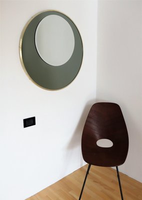 Italian Round Wall Mirror with Double Glass in Olive Green and Brass Frame, 1970s-VNE-966081