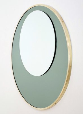 Italian Round Wall Mirror with Double Glass in Olive Green and Brass Frame, 1970s-VNE-966081